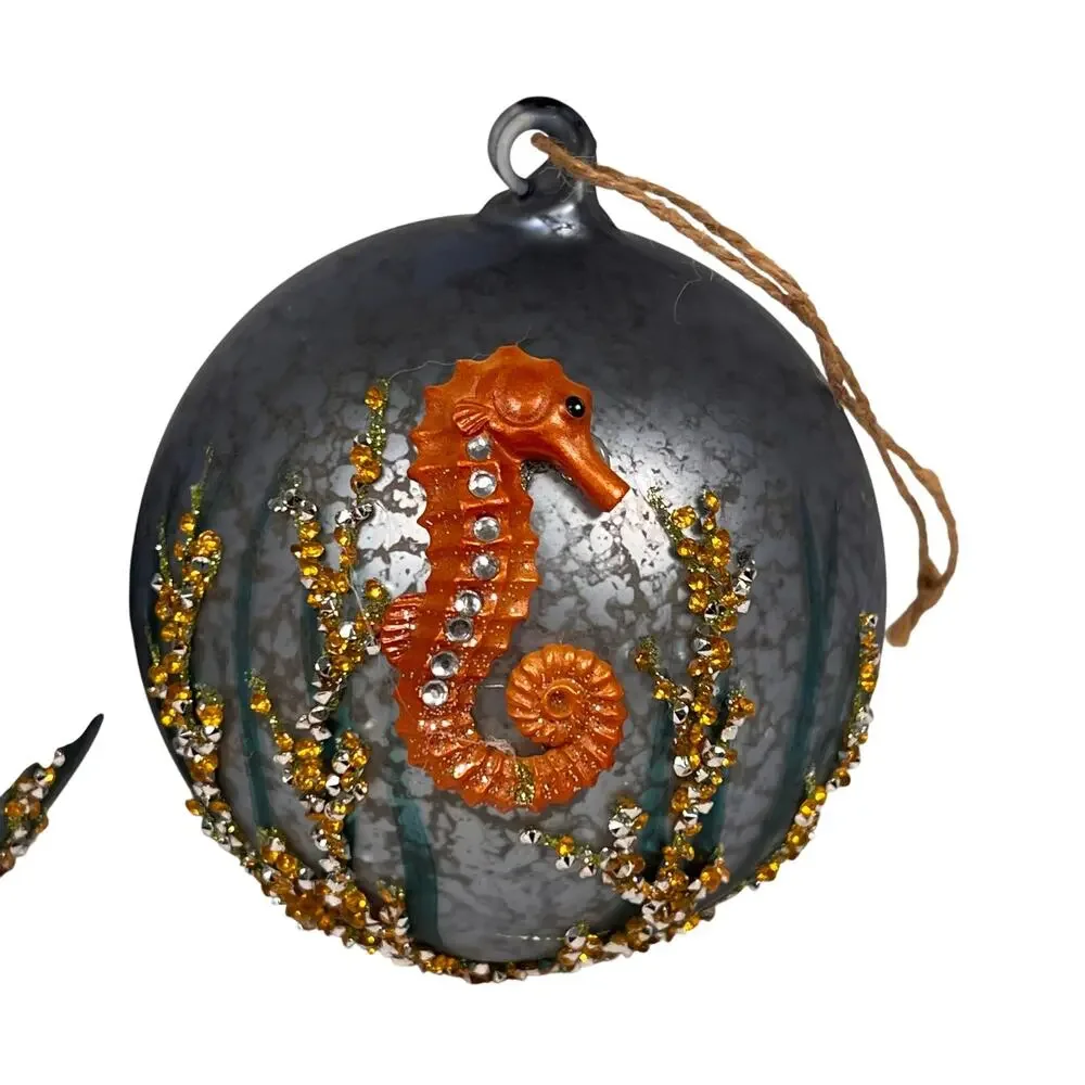 Pottery Barn Orange Seahorse Golden Seaweed Antiqued Crackle Glass Ornaments x2